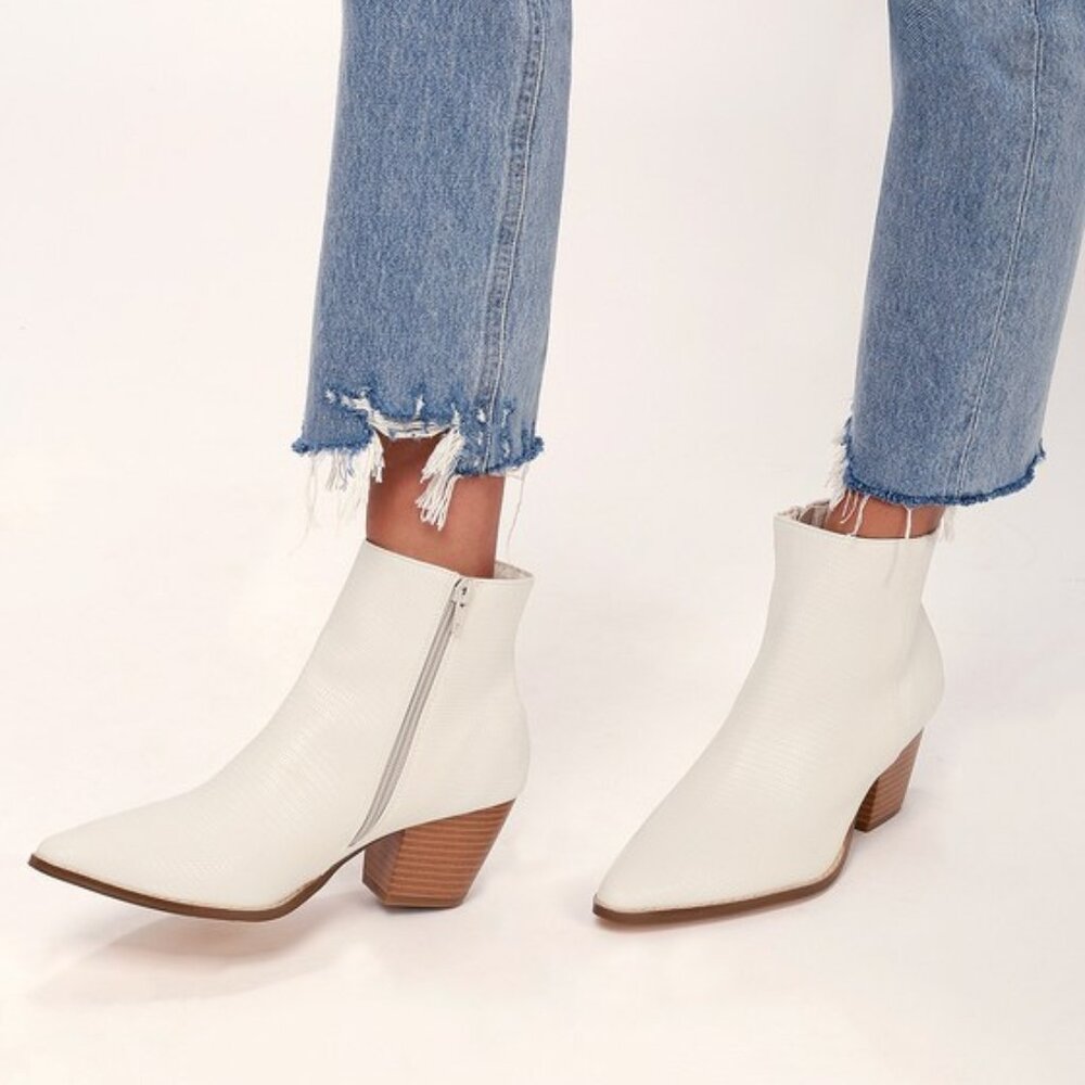 Lulus x Matisse Spirit Ivory Snake Pointed Toe Ankle Booties White
